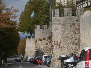 San Marino, the Walls that surround the old town. External side has towers and bulwarks surmounted...
