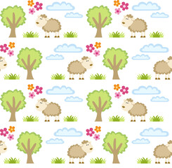 vector illustration of a seamless decorative pattern with a cute sheep, gras, meadow, trees, clouds and flowers for children