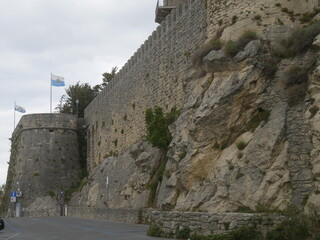 San Marino, the Walls that surround the old town. External side has towers and bulwarks surmounted...