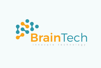 Brain tech logo concept for futuristic science and medical innovate technology. Computer chip icon for digital neural network, dataset, artificial intelligence. Vector logotype