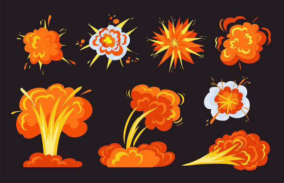 Trendy bright bomb explosions flat pictures collection. Cartoon fire bangs, comic dynamite clouds and booms isolated vector illustrations. Explosive crash elements concept
