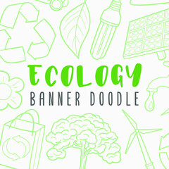 Ecology Doodle Banner Icon. Nature Vector Illustration Hand Drawn Art. Line Symbols Sketch Background.