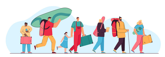 Happy group of tourists walking with suitcases isolated flat vector illustration. Cartoon characters with bags in airport line going to trip. Journey, travel and vacation concept