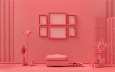 Poster frame background room in flat light pink, pinkish orange color with 6 frames on the wall, solid monochrome background for gallery wall mockup, 3d rendering