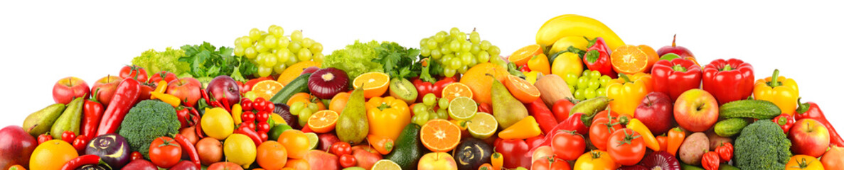 Wide panoramic set of ripe, juicy fruits, berries and vegetables isolated on white