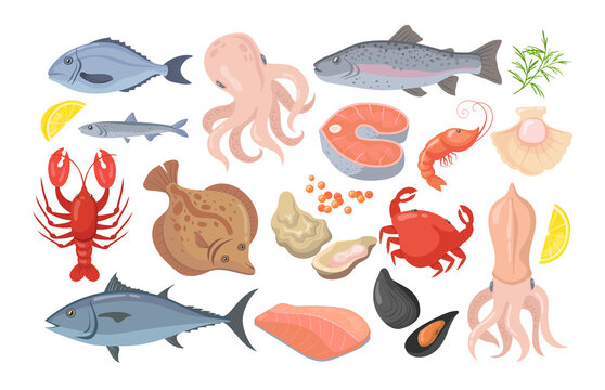 Trendy seafood flat pictures collection. Cartoon mussel, fish, shrimp, caviar, lobster, crayfish, crab, oyster and tuna isolated vector illustrations. Gourmet and nutrition concept