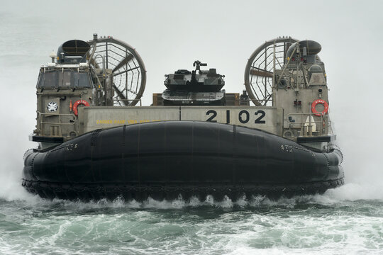 Shizuoka, Japan - July 07, 2018:Japan Maritime Self-Defense Force LCAC-1 air-cushion vehicle conduct an amphibious landing exercise.