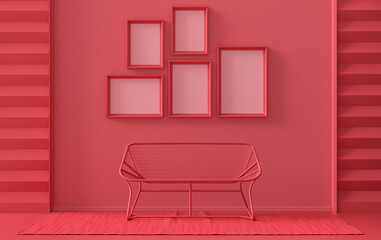 Single color monochrome dark red, maroon color interior room with single chair, without plant,  5 poster frames on the wall, 3D rendering