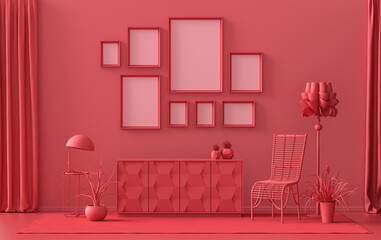 Minimalist living room interior in flat single pastel dark red, maroon color with 8 frames on the wall and furnitures and plants, in the room, 3d Rendering