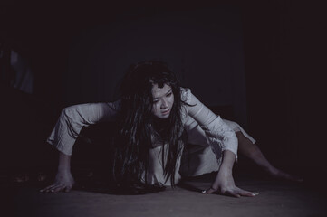 Portrait of asian woman make up ghost,Scary horror scene for background,Halloween festival...
