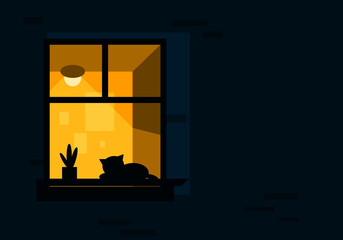 Windows of the room at night turn on bright yellow light with a sleeping cat flat vector.