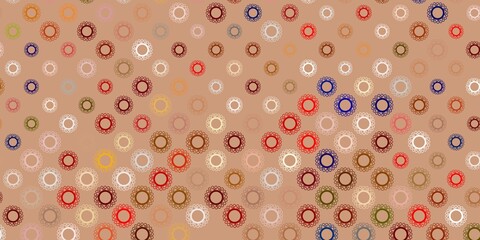 Dark orange vector background with covid-19 symbols.