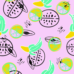 Exotic bright seamless background from bananas and lemons. Fruit picking. Vector illustration of fruits for design of menus, recipes and product packages.