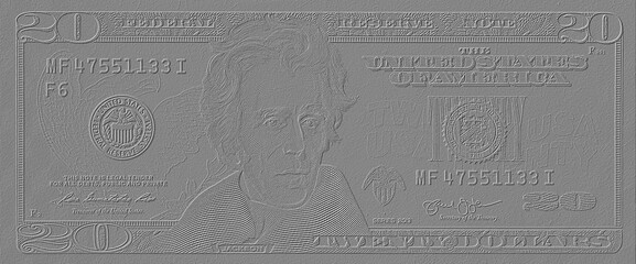 Closeup of front side of 20 dollar banknote