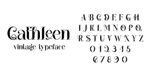 Vintage decorative font - Cathleen. Retro typerface. Elegance serif alphabet. Vector font for label, branding, tags, t-shirt, alcohol bottle.