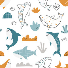 Vector hand-drawn colored childish seamless repeating simple doodle pattern with sharks in scandinavian style on a white background. Cute baby animals. Pattern for kids with sharks. Sea. Underwater.