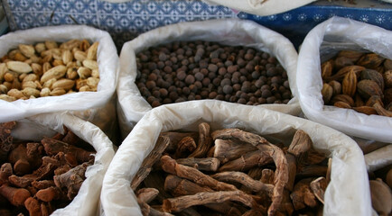 Osh, Kyrgyzstan - 10.09.2019: Local food and spices in Osh bazar, the main market in Bishkek. Photo with copy space