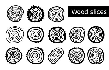 Wood slices set. Black line art oak stump rings. Collection of illustrations for icons and ecology designs. Vector cut tree. Picture lumber hand drawn. Clip art in construction themes, woodland. 