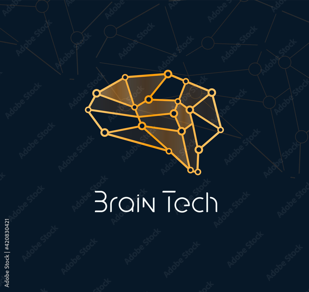 Poster Brain tech logo concept for new communication technology. Abstract neuron network icon for innovation AI and bio tech. Artificial intelligence, vector logotype
