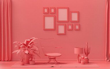 Modern interior flat light pink, pinkish orange color room with furnitures and plants, gallery wall template with eight frames on the wall for poster presentation, 3d Rendering