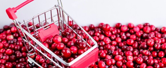 Shopping Trolley with ripe fresh cranberries as natural, food, berries, buying vitamins banner....