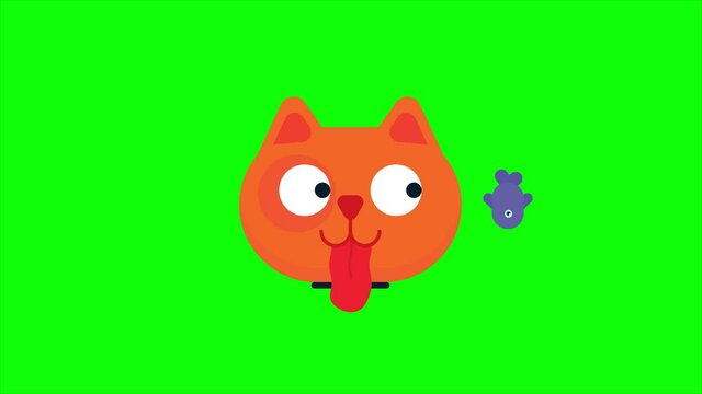 Cat face loading icon animation. Hungry cat look moving fish. cartoon animation with green screen background.