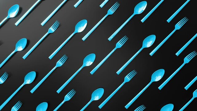 Abstract 3D render animation blue forks and spoons moving from down to up on black background surface. Seamless loop footage. Creative concept video for cooking theme.