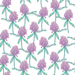 Raster seamless pattern with clover. Pink trifoil on white field.