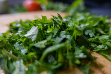 Close-up of chopped coriander on a cutting board