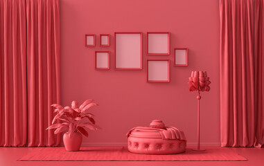 Minimalist living room interior in flat single pastel dark red, maroon color with seven frames on the wall and furnitures and plants, in the room, 3d Rendering