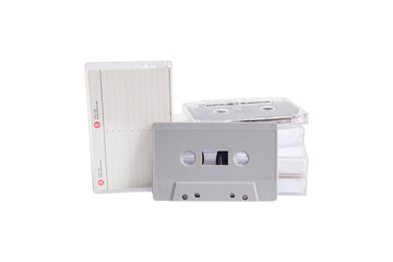 Cassette tape with Cassette tape case stacked isolated on white background.