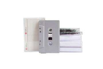 Cassette tape with Cassette tape case stacked isolated on white background.