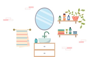 Modern bathroom interior with mirror and sink. Cozy bathroom interior. Shelves in the bathroom with cosmetics and plants. Vector illustration in a flat style.