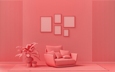 Flat color interior room for poster showcase with 5 frames  on the wall, monochrome light pink, pinkish orange color gallery wall with single chair and plants. 3D rendering