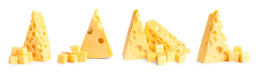 Set with pieces of delicious cheese on white background. Banner design