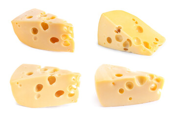 Set with pieces of delicious cheese on white background