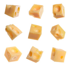 Set with pieces of delicious cheese on white background