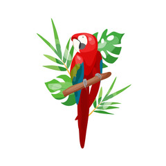 Vector illustration of a tropical red parrot in a composition with tropical leaves. © Rata