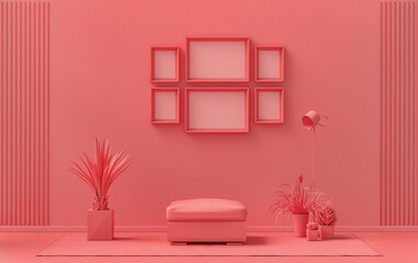 Poster frame background room in flat light pink, pinkish orange color with 6 frames on the wall, solid monochrome background for gallery wall mockup, 3d rendering