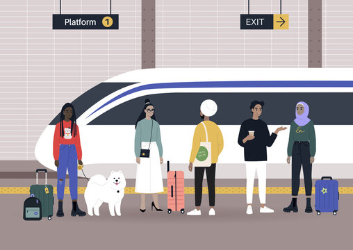 Railway station, a diverse group of passengers waiting on a platform, Travel concept
