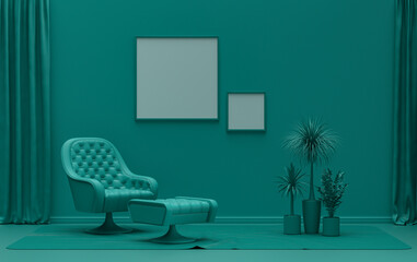 Double Frames Gallery Wall in dark green color monochrome flat room with single chair and plants, 3d Rendering