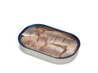 Opened tin of canned fish on white background