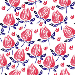Seamless watercolor spring flower pattern. Pink buds, small inflorescences and purple leaves