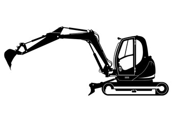 Compact excavator silhouette. Tracked mini excavator. Side view. Flat vector. - 420832864