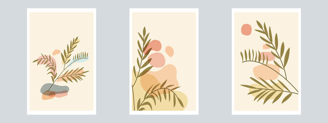 Fototapeta na wymiar Botanical Wall Art Vector Poster Set. Minimalist Foliage with Abstract Simple Shape