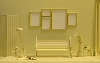 Single color monochrome light yellow color interior room with park bench, furnitures and plants,  5 poster frames on the wall, 3D rendering