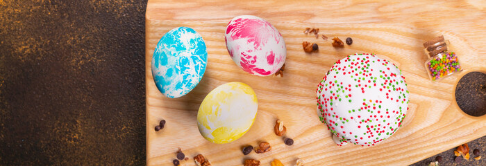 Easter cake dessert Easter eggs Holiday sweet treat on the table rustic meal top view copy space food background 