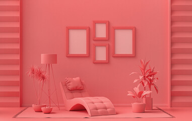 Interior room in plain monochrome light pink, pinkish orange color, 4 frames on the wall with a meditation bed, furnitures and plants, for poster presentation, Gallery wall. 3D rendering