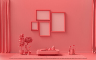 Interior room in plain monochrome light pink, pinkish orange color, 4 frames on the wall with single chair and plants, for poster presentation, Gallery wall. 3D rendering