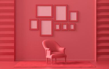 Modern interior flat dark red, maroon color room with single chair, without plant, gallery wall template with eight frames on the wall for poster presentation, 3d Rendering